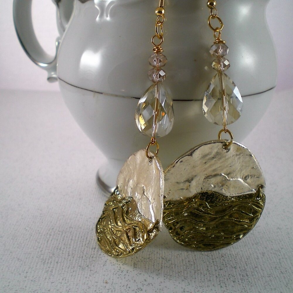 Gold/Silver Crystal Disc Dangle Earrings - Picture 2 of 5